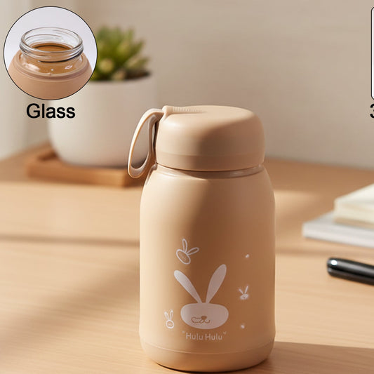 Cute Bunny Print Glass Drinking Brown Bottle (330ml  1 Pc)
